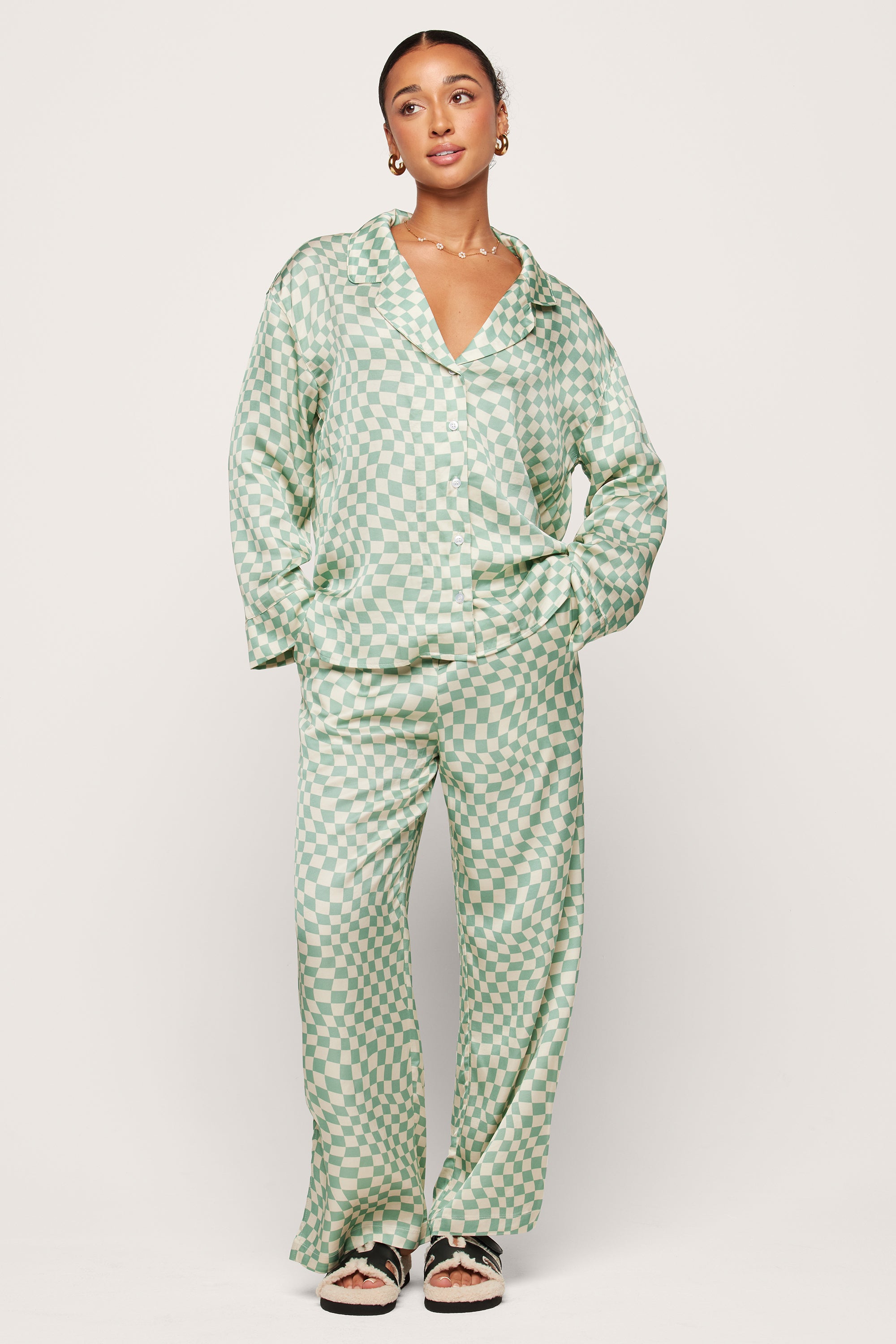 Checkered Swirl Long Pajama Set