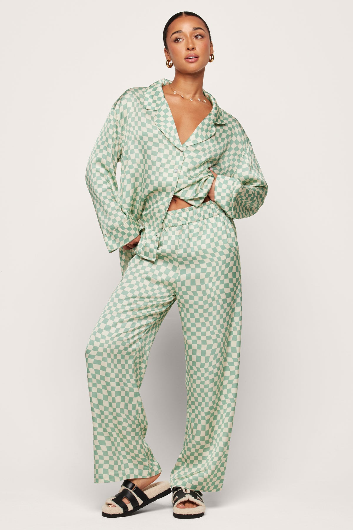 Checkered Swirl Long Pajama Set | Women's Sleepwear by Neendi
