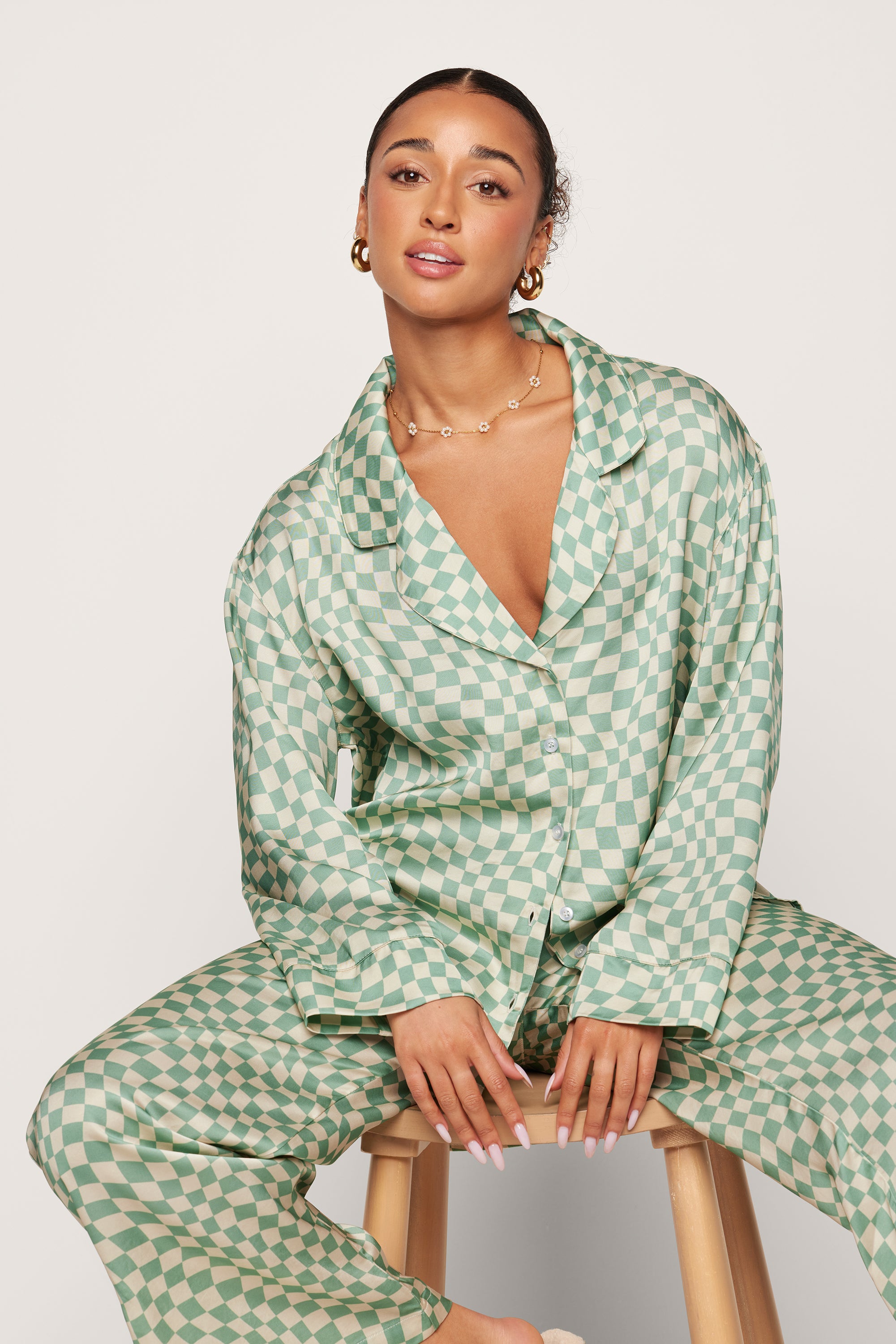 Checkered Swirl Long Pajama Set